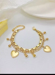 Gold Stainless Steel Heart Charm Rolo Link Chain Bracelet Bangle For Women, Girl - Picture 1 of 8