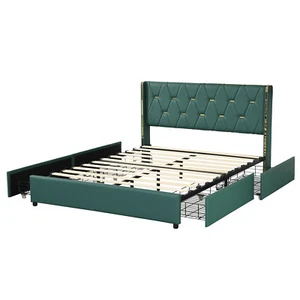 Full Upholstered Bed Frame with 4 Storage Drawers PU Leather Headboard Green - Picture 1 of 11