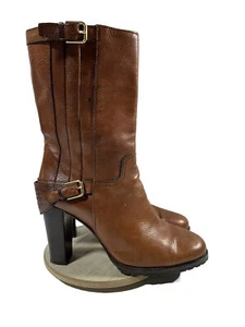 Stivali metà polpaccio Ralph Lauren Collections etichetta viola pelle marrone tacco 9 - Foto 1 di 10
