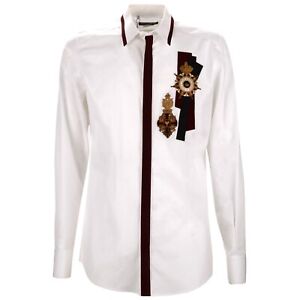 DOLCE & GABBANA Coat of Arms Crown Embroidery GOLD Cotton Shirt 41 M 13680