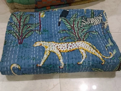 Indian Pure Cotton Gray Tiger Kantha Handmade Bedspread Quilt Throw Blanket - Image 1 of 4