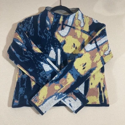 Suéter artístico azul/amarelo manga longa funil pescoço abstrato peso pesado exclusivo - Imagem 1 de 4