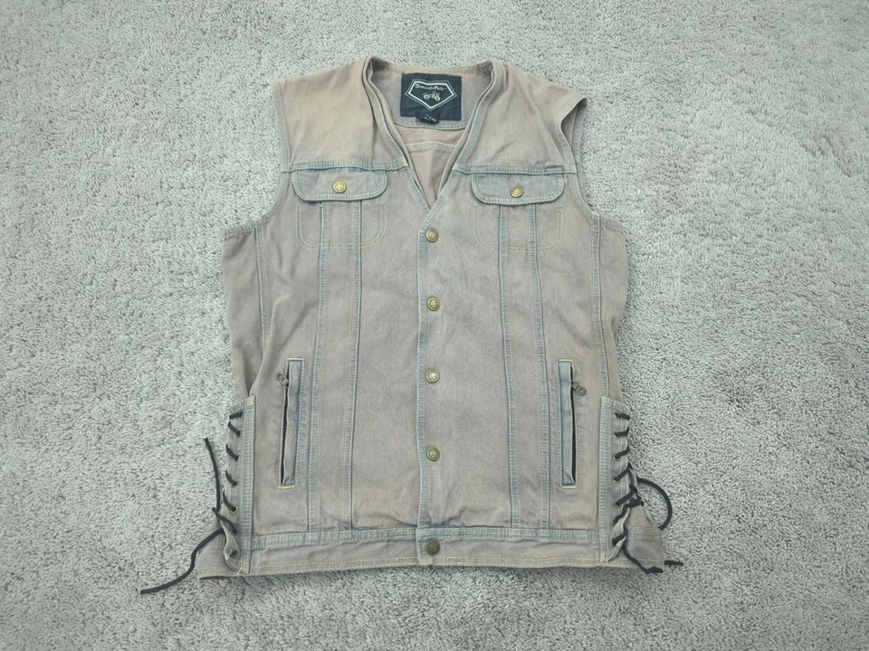 Diamond Plate Vest Mens Large Blue Faded Denim Button Up Lace Side Biker Moto - Image 1 of 4
