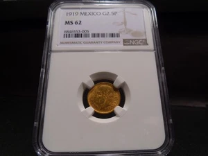1919 MS62 Mexico Gold 2 1/2 Peso NGC Certified - Bright - Picture 1 of 8