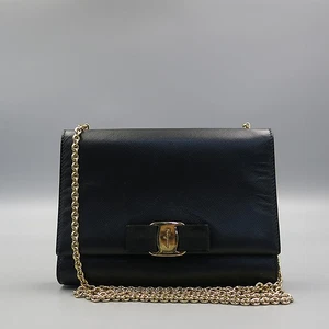 Ferragamo 22 B558 Black Color Saffiano Genie Gold Metal Barra Mini Flap Chain Cr - Picture 1 of 7