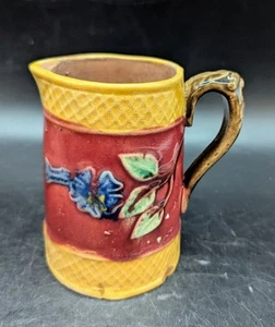 Antique Victorian Yellow & Brown Blue Dogwood Majolica 4" Pitcher Creamer - Picture 1 of 10