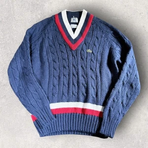 Vintage 80s Izod Lacoste Cable Knit Jumper Cricket Acrylic Sweater Mens Size L - Picture 1 of 10