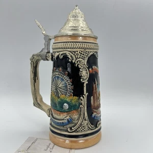 Boccale da birra in ceramica Vienna vintage con coperchio in peltro bicchiere X - Foto 1 di 11