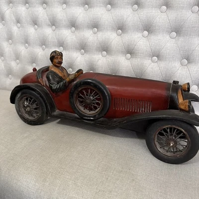 Large Vintage Bugatti Model Race Car & Driver Resin & Real Rubber Tires 26inLong - Image 1 of 4