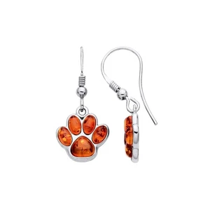 925 Sterling Silver Natural Baltic Amber Paw Print Hook Earrings - Picture 1 of 6