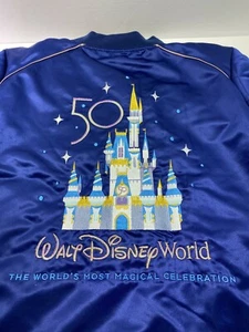 Disney World 50th Anniversary Blue Satin Bomber Jacket Castle Coat XL X-Large - Picture 1 of 7