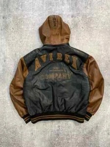 Giubbotto bomber Avirex Company vera pelle nero marrone ampio con cappuccio uomo cappotto - Foto 1 di 7