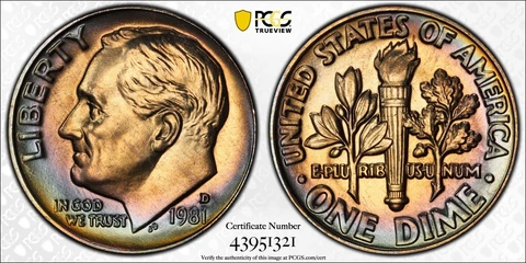1981-D Roosevelt Dime 10c - PCGS MS67FB QA Approved - Choice Album Toned Cover