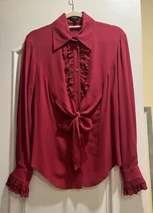 Escada 100% Silk Strawberry Pink Blouse Shirt Top Ruffles & Bow Tie Size 40 US M - Picture 1 of 14