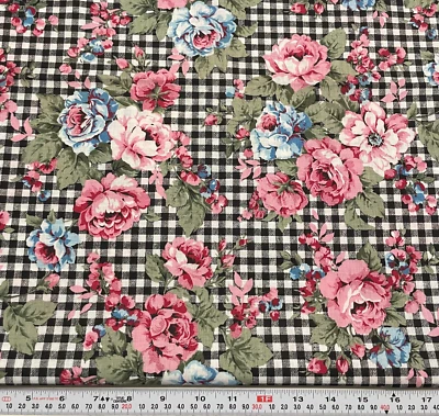 Vintage Cranston Florals & Black Gingham Cotton Fabric Remnant 13" x 45" - Image 1 of 2