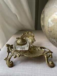 Vintage Ornate Brass Desktop Inkwell W/ Glass Well And Brass Lid Andrea by Sadek - Picture 1 of 3