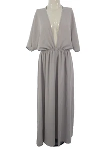 Kaftan Maxi Dress Grey Crepe Deep V Neck Dolman Sleeve Bohemian Party Occasion L - Picture 1 of 17