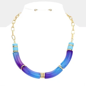 NEW Ombre Blue Resin Macaroni Curved Tube Beads Gold Discs Chain Link Necklace  - Picture 1 of 2