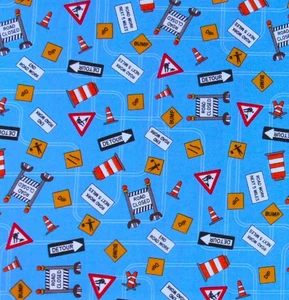 1-7/8 yds DIGGERS & DOZERS Contruction Road Signs Clothworks Quilting Fabric HTF - Picture 1 of 3