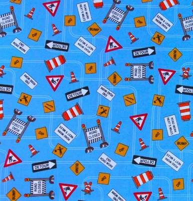 1-7/8 yds DIGGERS & DOZERS Contruction Road Signs Clothworks Quilting Fabric HTF - Image 1 of 3