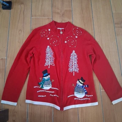 Suéter Mercer Street Studio Mujer Pequeño Rojo Muñeco de Nieve Navidad Cárdigan Vacaciones Foto 1 de 4