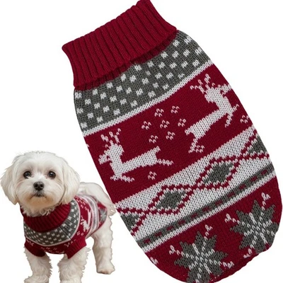 Christmas Reindeer Dog Sweater Pet Apparel Red Grey Snowflake Knit Holiday XS - Image 1 of 4