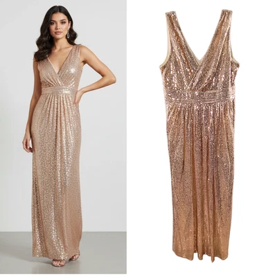 Kate Kasin Sequin Formal Dress Women's Sz 14 Rose Gold Sleeveless Maxi Holiday  - Image 1 of 4