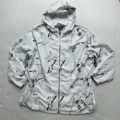 New Balance 2X Hooded Windbreaker Jacket White Black Marble Print Full Zip - Image 1 of 4