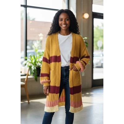 Cárdigan plumero tejido amarillo Umgee a rayas frente abierto suéter bohemio Foto 1 de 4