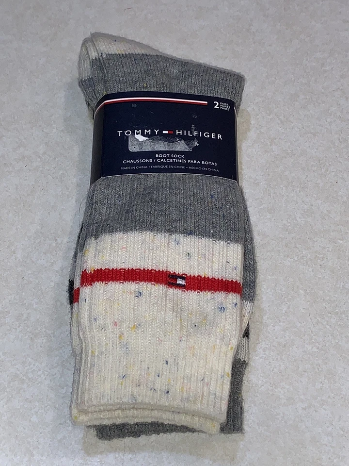 Tommy Hilfiger 2 Pair Boot Socks Wool Blend Gray & White Fits Shoe Size 7-12