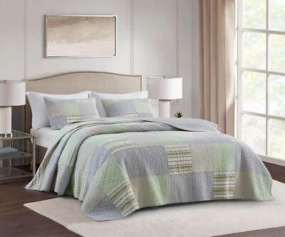 Green Boho Chic Coverlet Set Plaid Striped Pre-Washed Cotton Patchwork Quilt Set - Image 1 of 4