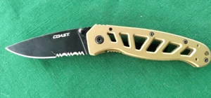 COAST FDX30 FOLDING POCKET KNIFE 3" Combined Blade  Belt Clip Gold EUC freeship - Picture 1 of 3