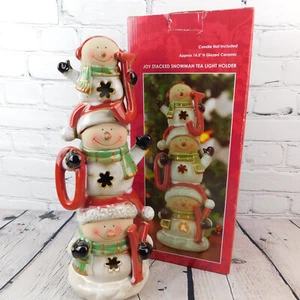 PUPAZZO DI NEVE IMPILATO TEA LIGHT portacandele ceramica ritirato Kirklands 14,5" alto GIOIA - Foto 1 di 16