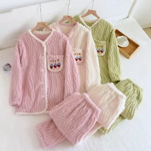 Women's Winter Sleepwear Pajama Set Flannel Long Sleeve V-neck Warm Japanese - Picture 1 of 15