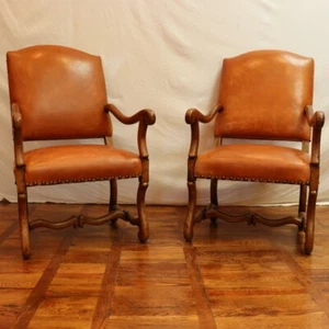 PR LATE 20TH C LOUIS XIV STYLE WALNUT LEATHER UPHOLSTERED ARMCHAIRS (AF2-180) - Picture 1 of 9