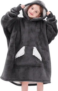 Kids Wearable Blanket Hoodie, Oversized Sherpa Blanket Sweatshirt with Hood Pock - Picture 1 of 12