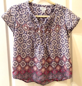 Liz Claiborne Sz Petite Small Top Blouse Cap Sleeve Gathered Tie Bodice Peasant - Picture 1 of 11