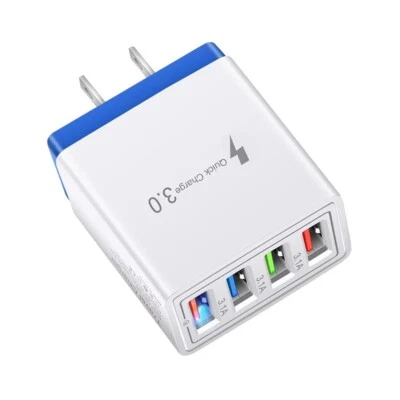 White Blue US 4 Port Fast Quick Charge QC 3.0 USB Wall Charger Power Adapter - Image 1 of 4