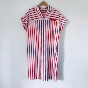 VINTAGE 80s~RETRO MIDI SHIRT DRESS~RED & WHITE CANDY STRIPE~QUIRKY BOLD~SZ 16 - Picture 1 of 11