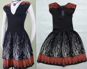 Neu mit Etikett Max Edition Jacquard gesmoktes Top Fit-and-Flare Kleid schwarz/koralle Größe L - Bild 1 von 32