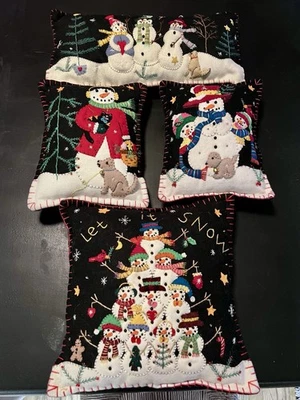 4 VTG Handmade Fun Christmas Accent Pillows Beads Buttons Snowman Winter Snow - Image 1 of 4