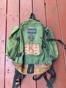 Vintage 80s Jansport Leather Bottom Hiking Backpack Daypack Outdoors USA Green - Picture 1 of 10