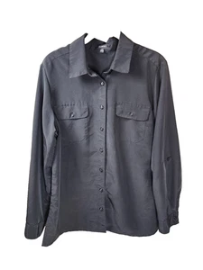 Elementz Womens M Black Roll Tab Sleeve Button Up Collared Shirt Blouse Utility - Picture 1 of 5