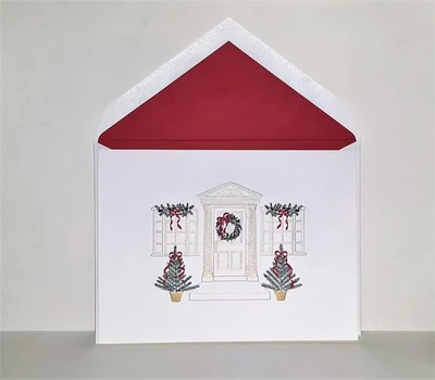 10 Crane & Company Decorated Columned Entrance, White Envelopes Red Lined- NWB - Image 1 of 4