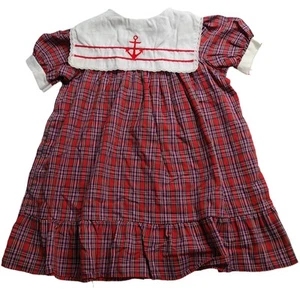 Vintage Sears Red Plaid Nautical Bib Collar Yoke Dress Size 6 Cottagecore 2086 - Picture 1 of 6