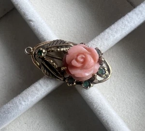14 Karat Gelbgold 3,26 g geschnitzte Koralle Rose Anhänger grüne Steine Smaragd ? - Bild 1 von 23