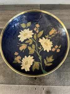 Vintage massiver Messing Teller mit Blumen Dekor mit Emaille Blumen - Bild 1 von 15