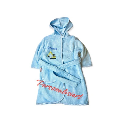 Accappatoio Bambino Ricamato con Nome ed Escavatore, Taglia 74-116, Blu - Immagine 1 di 4