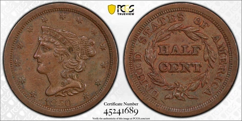1850 Braided Hair Half Cent 1/2C Coin PCGS Genuine Cleaned-AU Detail Cover