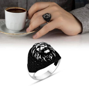925 Sterling Silver Black Micro Stone Roaring Lion Men's Ring jewelry Handmade
